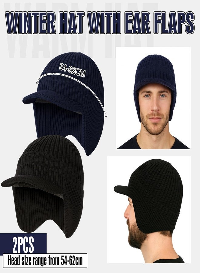 Simlakey 2 Pcs Winter Hats with Brim and Ear Flap Fleece Winter Beanie Hat Outdoor Warm Lined Knit Hat for Men Women(Black, Navy Blue) - Image 5
